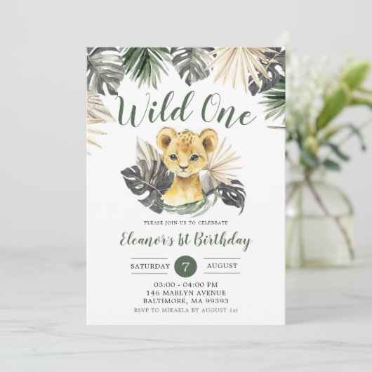 Boho Tropical Lion Cub Boy Wild One Birthday Einladung (Stehend Vorderseite)