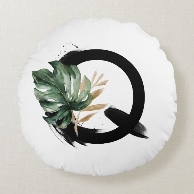 Boho Tropical Monstera Leaf Letter Q Monogram Rundes Kissen (Vorderseite)
