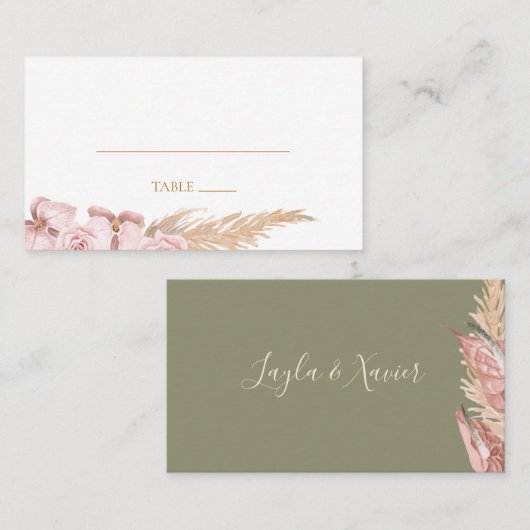 Boho Tropical Olive Green Flat Wedding Platzkarte (Vorne/Hinten)