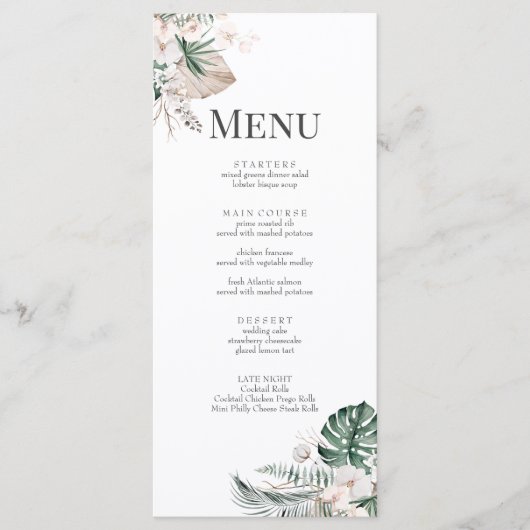Boho Tropical Orchid & Monstera Wedding Menu Card Menükarte (Vorderseite)