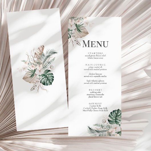 Boho Tropical Orchid & Monstera Wedding Menu Card Menükarte