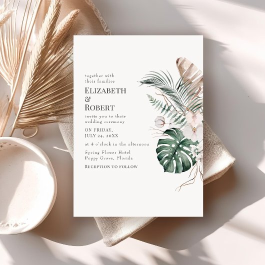 Boho Tropical Orchid und Monstera Wedding Einladung