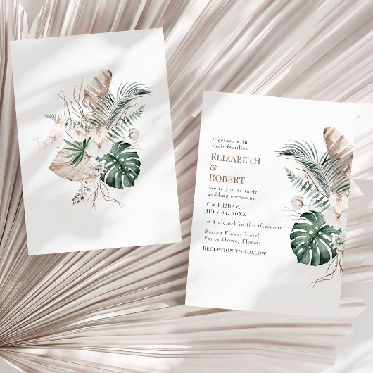 Boho Tropical Orchid und Monstera Wedding Einladung
