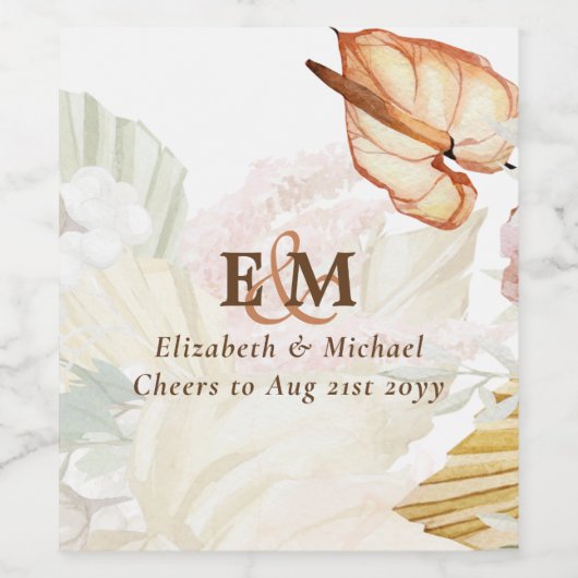 BOHO Tropical Pampas Grass Wedding Weinetikett (Einzelnes Label)