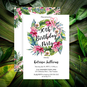 Boho Tropical Pink Floral 90. Geburtstagsparty Einladung
