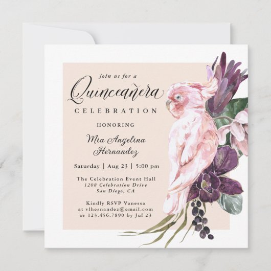 Boho Tropical Pink Parrot Floral Quinceanera Einladung (Vorderseite)