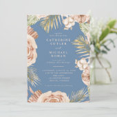 Boho Tropical Rose Dusty Blue Wedding Einladung (Stehend Vorderseite)