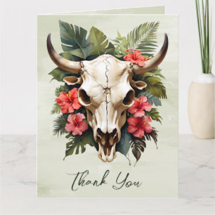 Boho Tropical Watercolor Floral Cow Skull Wedding Dankeskarte