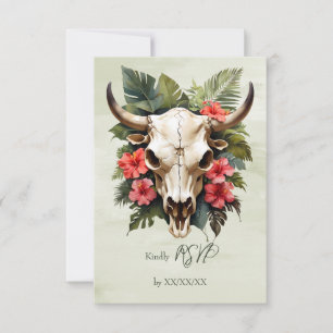 Boho Tropical Watercolor Floral Cow Skull Wedding RSVP Karte
