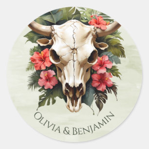 Boho Tropical Watercolor Floral Cow Skull Wedding Runder Aufkleber