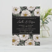 Boho Tropical White Floral & Black Wedding Einladung (Stehend Vorderseite)