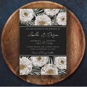 Boho Tropical White Floral & Black Wedding Einladung