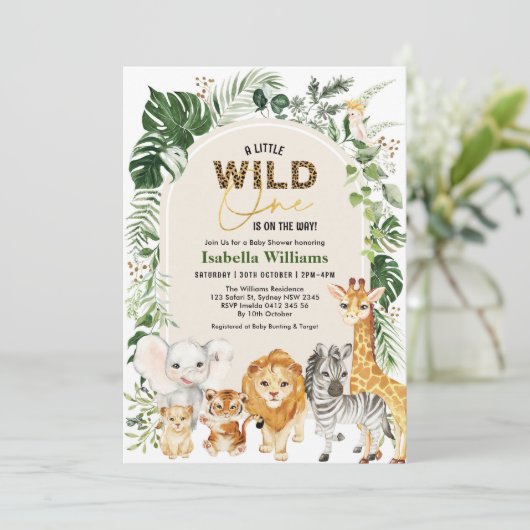Boho Tropical Wild Party Animals Boy Baby Shower Einladung (Stehend Vorderseite)