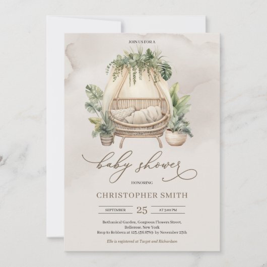 Boho tropische Vegetation und beige Babycreme Einladung (Vorderseite)