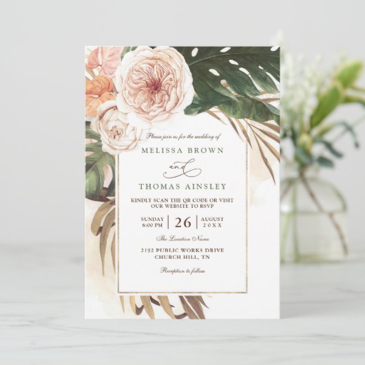 Boho-Tropisches-Blumen-Wüsten-Chic-QR-Code-Hochzei Einladung (Stehend Vorderseite)
