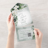 Boho-Tropisches Grün Modernes Grün QR-Code All In One Einladung (Abreißen)