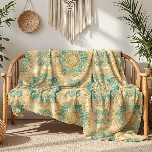 Boho Türkis und Sand-Beige Mandala Fleecedecke