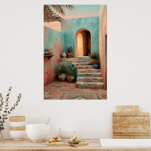 Boho Turquoise Desert Courtyard, Rustic Staircase Poster (Küche)