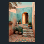 Boho Turquoise Desert Courtyard, Rustic Staircase  Poster<br><div class="desc">Boho turquoise desert courtyard with rustic stone staircase, terracotta pots, cactus and agave plants, under a soft sunset sky. Weathered walls, woven baskets, and patterned rug create a cozy Southwestern vibe. Perfect for living room, entryway, or boho bedroom decor—high-resolution digital illustration. Invite warm desert charm into your modern home with...</div>