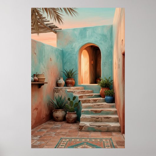 Boho Turquoise Desert Courtyard, Rustic Staircase Poster (Vorne)