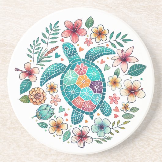 Boho Turquoise Floral Sea Turtle - Coastal Round Getränkeuntersetzer (Vorne)
