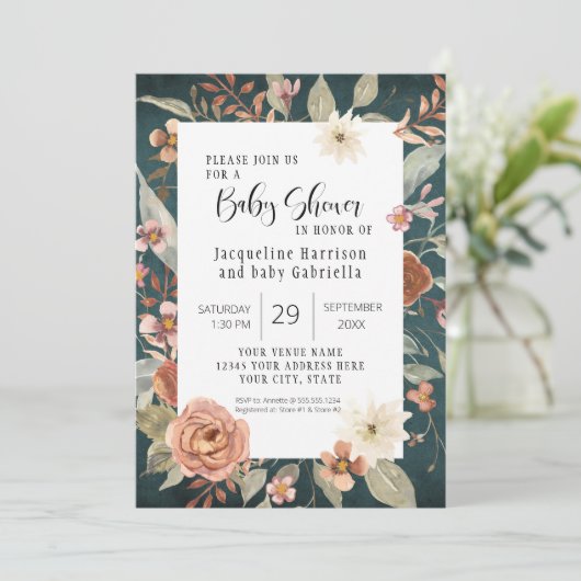 BOHO Turquoise Herbst Blumenmädchen Kinderdusche Einladung (Stehend Vorderseite)