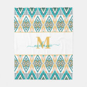 Boho Turquoise Mustard Ethnic Abstrakt Monogram Fleecedecke (Vorderseite)