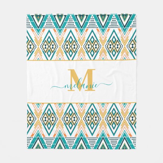 Boho Turquoise Mustard Ethnic Abstrakt Monogram Fleecedecke (Vorderseite)