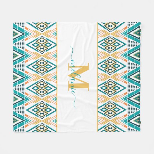 Boho Turquoise Mustard Ethnic Abstrakt Monogram Fleecedecke (Vorderseite (Horizontal))