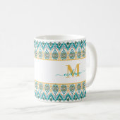 Boho Turquoise Mustard Ethnic Abstrakt Monogram Kaffeetasse (VorderseiteRechts)