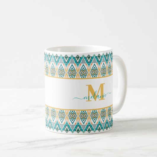 Boho Turquoise Mustard Ethnic Abstrakt Monogram Kaffeetasse (VorderseiteRechts)
