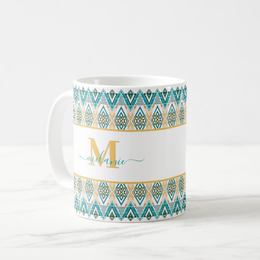 Boho Turquoise Mustard Ethnic Abstrakt Monogram Kaffeetasse (Vorderseite Links)