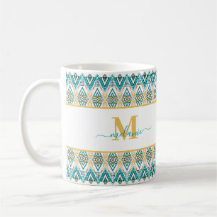 Boho Turquoise Mustard Ethnic Abstrakt Monogram Kaffeetasse