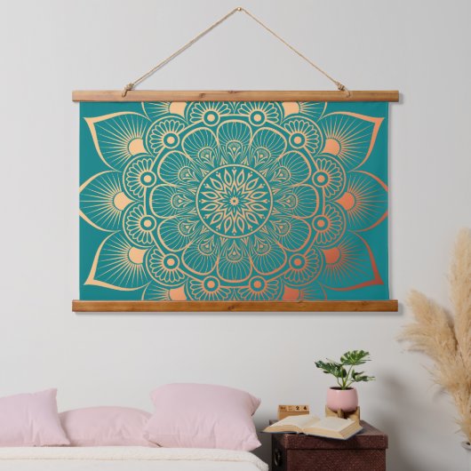 Boho Turquoise Peach Mandala Wood Topped Wandteppich Mit Holzrahmen (Schlafzimmer)