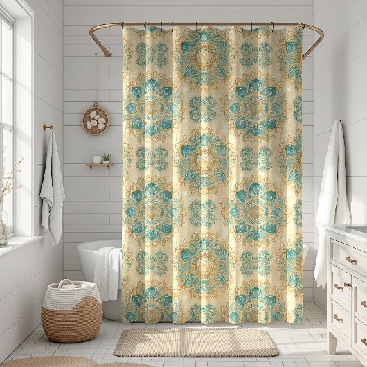 Boho Turquoise und Sand Beige Mandala Duschvorhang