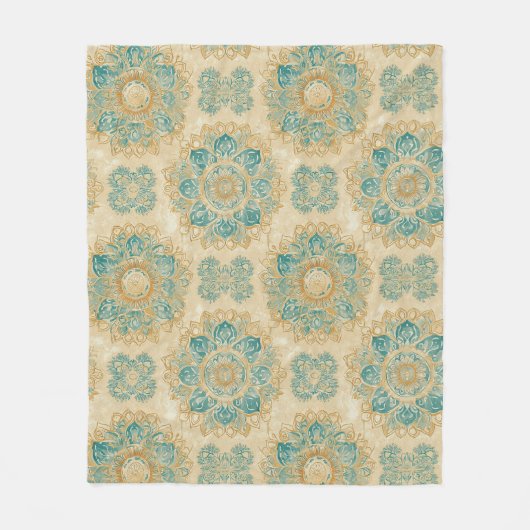 Boho Turquoise und Sand Beige Mandala Fleecedecke (Vorderseite)