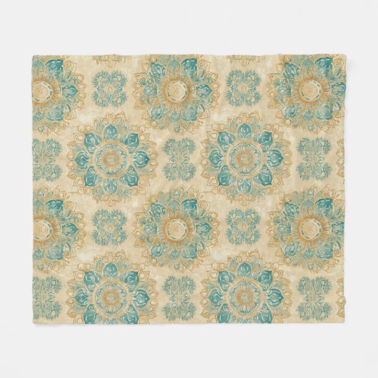 Boho Turquoise und Sand Beige Mandala Fleecedecke (Vorderseite (Horizontal))
