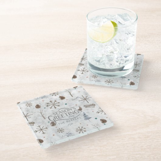 Boho Twigs & Pinecone Weihnachtsausweis986 Glasuntersetzer (Schrägansicht)