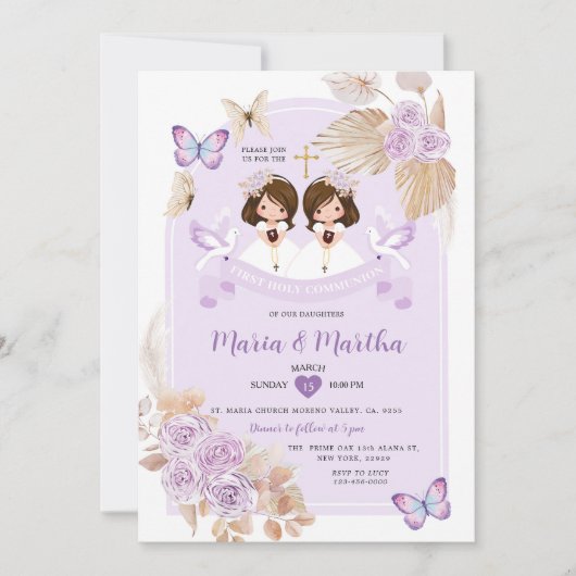 Boho TWIN Girl First Holy Communy Purple Flowers Einladung (Vorderseite)