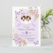 Boho TWIN Girl First Holy Communy Purple Flowers Einladung (Stehend Vorderseite)
