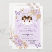 Boho TWIN Girl First Holy Communy Purple Flowers Einladung (Vorne/Hinten)