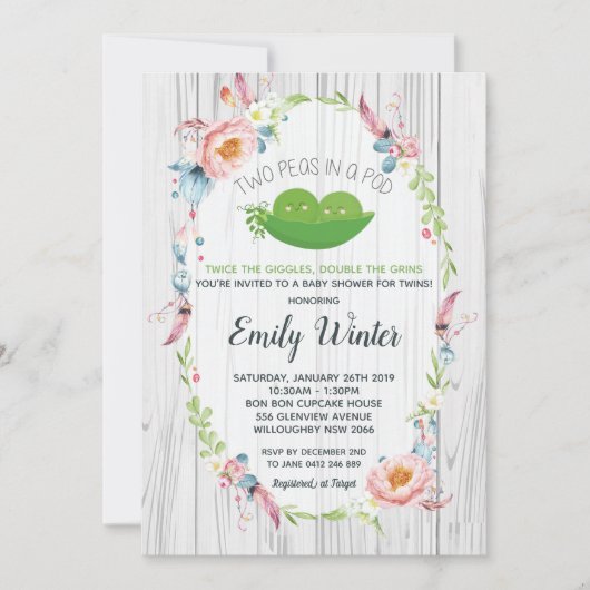 Boho Two Peas in einer Pod Twins Baby Dusche Einladung (Vorderseite)