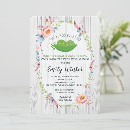 Boho Two Peas in einer Pod Twins Baby Dusche Einladung (Stehend Vorderseite)