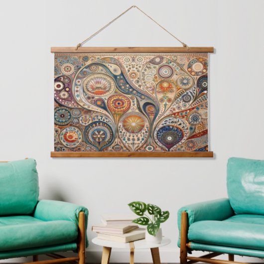 Boho und Folk Art Fusion Wall hängen Wandteppich Mit Holzrahmen (Wohnzimmer)