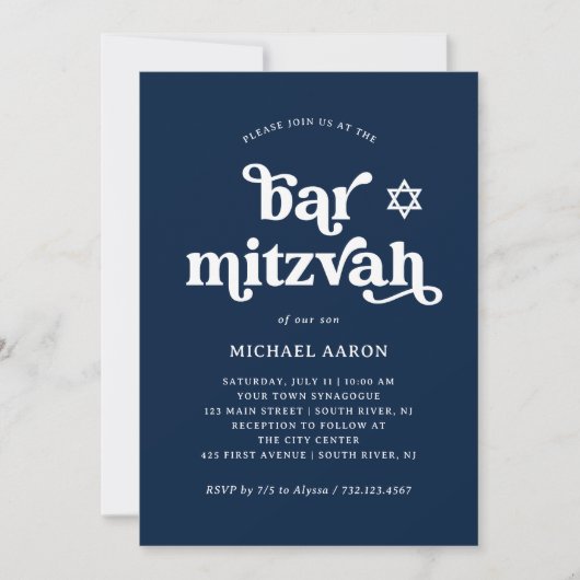 Boho und Retro Dark Navy Blue | Bar Mitzvah Einladung (Vorderseite)