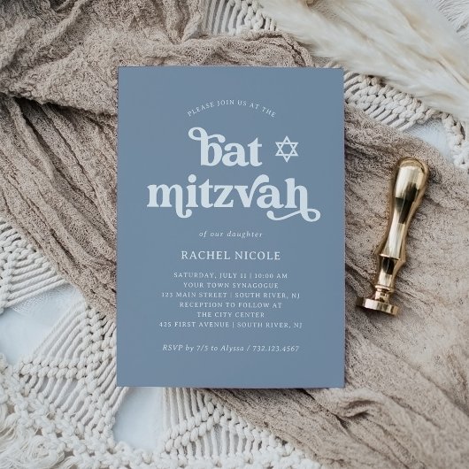 Boho und Retro Dusty Blue | Bat Mitzvah Einladung