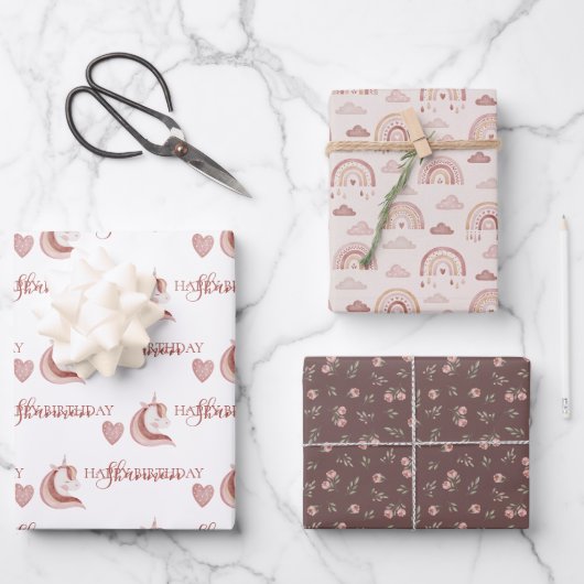 Boho Unicorn Birthday Wrapping Paper Sheets Geschenkpapier Set (Vorderseite)