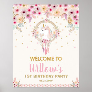 Boho Unicorn Geburtstagsparty Willkommen Floral La Poster