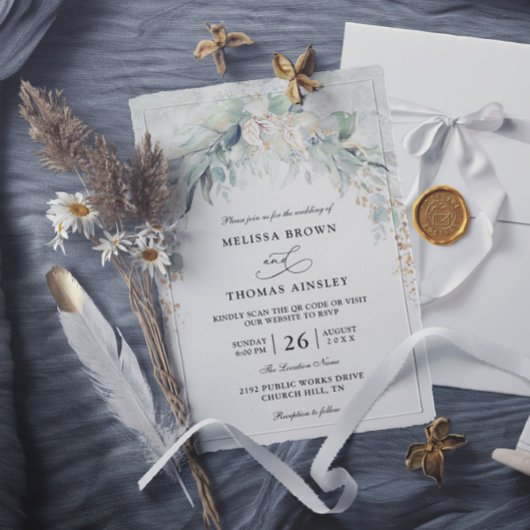 Boho üppige Grün Budget QR-Code-Hochzeit Einladung