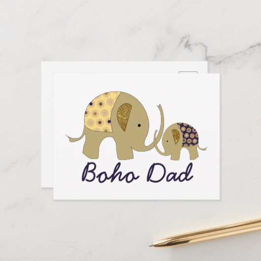 Boho Vater, Goldener Elefant Postkarte (Vorderseite/Rückseite Beispiel)